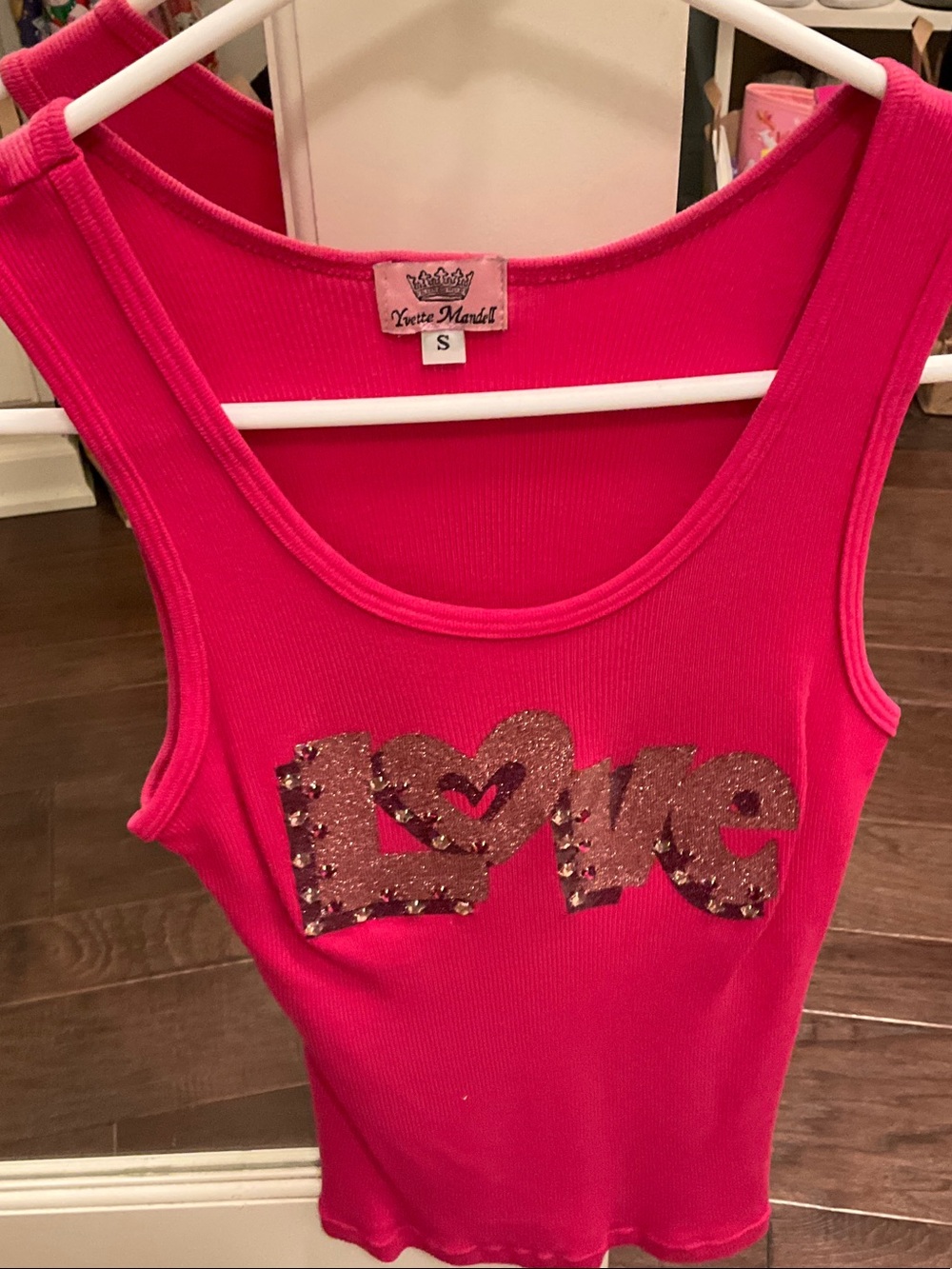 Hot Pink Ribbed Tank Top with 'LOVE' Sequin Detail - S